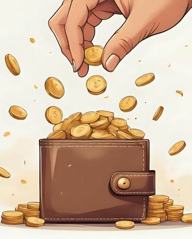 illustration d'une main et d'un porte monnai eplein d'argent