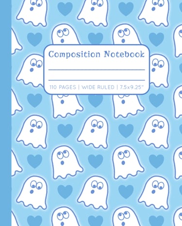 BLUE COMPOSITION NOTEBOOK - Cute Ghosts & Hearts