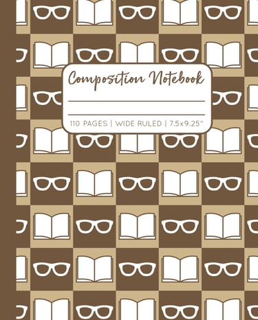 BROWN-BEIGE COMPOSITION NOTEBOOK - Reading Glasses & Book
