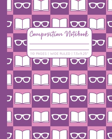 PLUM-PINK COMPOSITION NOTEBOOK - Reading Glasses & Book