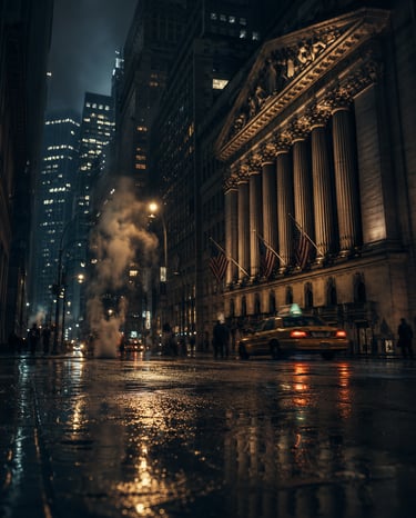 Night view of Wall Street and the New York Stock Exchange representing Mario Soto Jr's 1990s Wall St