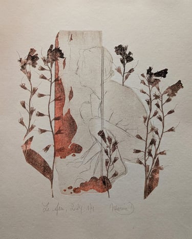 Feu quatre éléments nue gravure tetrapak monotype