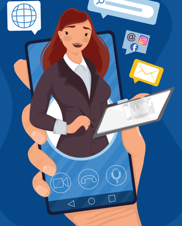 Secrétaire sortant d'un téléphone portable, une facture à la main