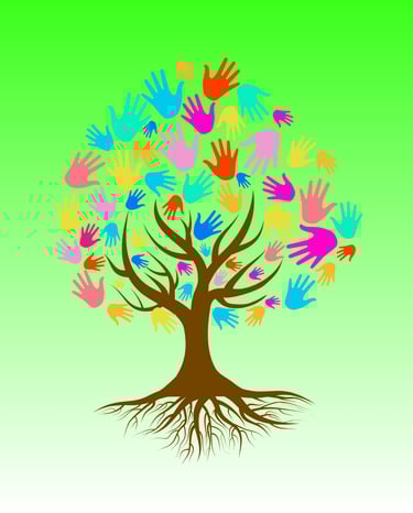 Un árbol simbólico hecho de manos humanas, enraizadas en tierra fértil, que representa el voluntaria