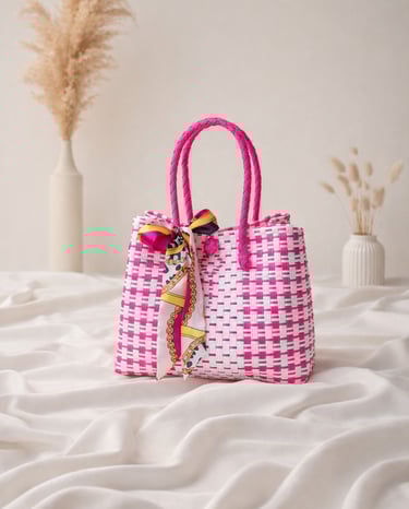 Tas anyaman plastik handmade pink putih dengan pita, tas anyaman wanita feminin dan modern