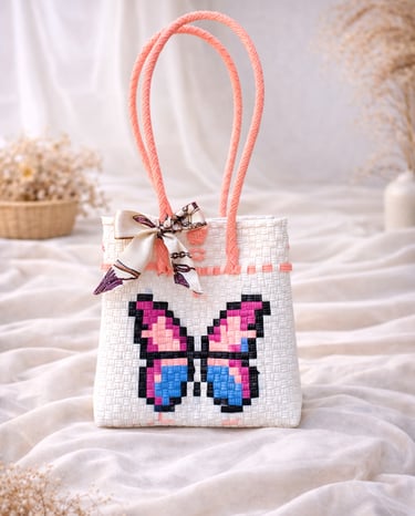 Tas anyaman karakter kupu-kupu warna pink biru handmade dari plastik