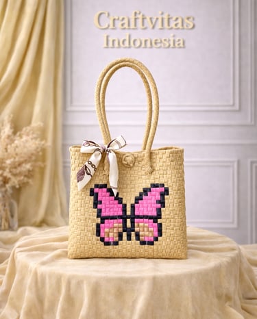 Tas anyaman karakter kupu-kupu warna cream handmade ramah lingkungan