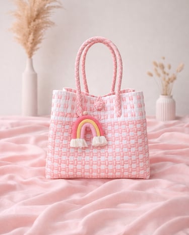 Tas anyaman plastik handmade warna pink soft, tas anyaman wanita aesthetic dan elegan