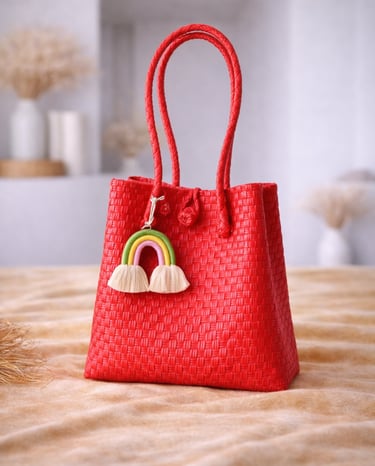 Tas anyaman plastik jali jali warna merah handmade, tas anyaman fashion unik dan menarik