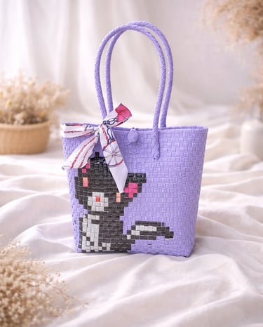 Tas anyaman karakter kucing warna ungu muda handmade dari plastik daur ulang