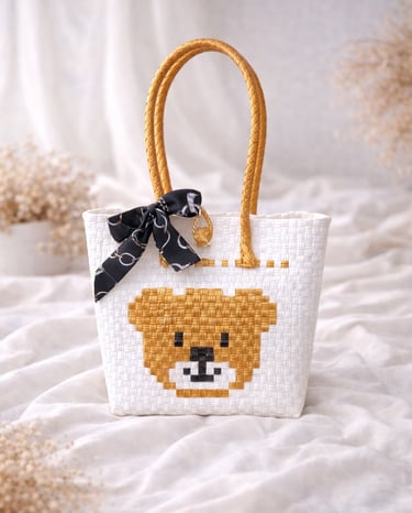 Tas anyaman karakter beruang warna putih kuning handmade untuk souvenir