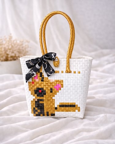Tas anyaman karakter anjing putih coklat handmade ramah lingkungan
