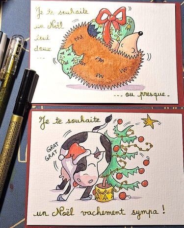 deux cartes de noel avec illustrations à l'aquarelle mignonnes et rigolotes : hérisson et vache