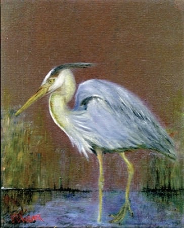 a painting of a heron bird in a pond