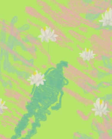 Abstract digital painting of white lotus flowers on a vibrant lime green and pink textured background.