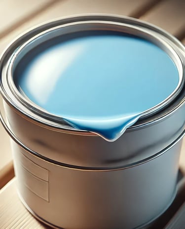 uma lata de tinta azul claro mostrando um pouco do produto escorrendo em sua borda