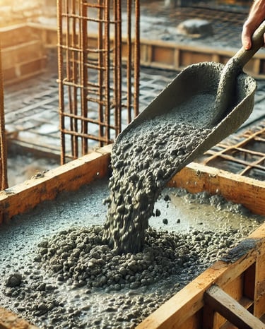 uma pá despejando concreto em uma caixa de madeira