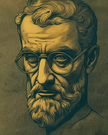 ilustração de um homem de meia idade, com barba e bigode fartos e usando óculos.