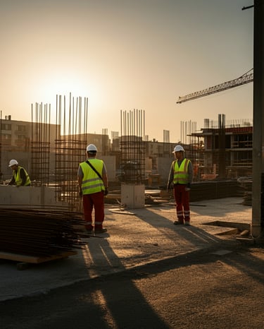 três homens uniformizados trabalhando em um canteiro de obras de uma prédio