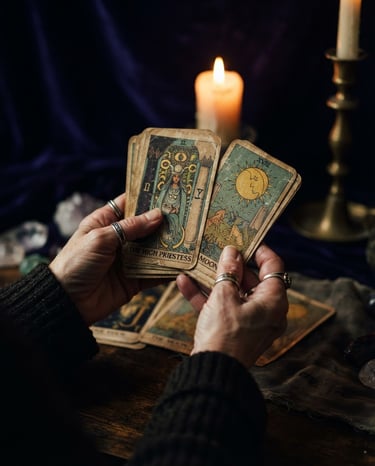 Close-up of hands holding ancient tarot cards under warm dramatic candlelight, deep indigo background, mystical shadows, 35mm lens
