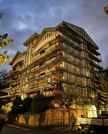 a building with scaffiered scaffolding on the side of it