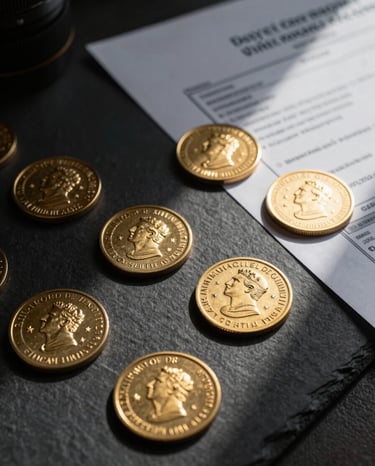 A formal, close-up study of physical trade finance documents with official gold-embossed sovereign seals on a dark slate surface, dramatic low-key lighting casting sharp shadows, highly structured architectural composition.