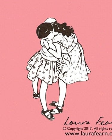 Ink drawing of 2 girls hugging by Laura Fearn.