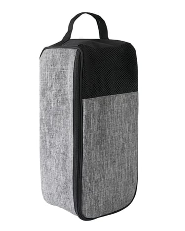Grey fabric travel shoe bag with black mesh ventilation panel and top handle for gym and luggage storage.