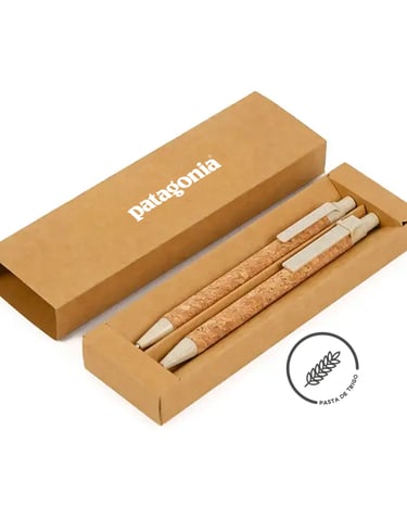 Patagonia branded eco-friendly cork pens in a recycled cardboard gift box.