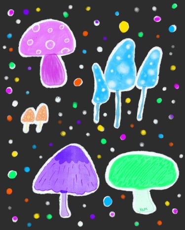 a group of watercolor neon mushrooms