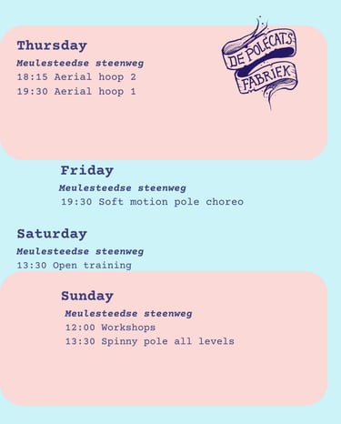 De Polecats Fabriek weekly schedule for aerial hoop and pole dance classes in Meulesteedsesteenweg.