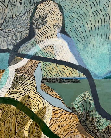 a painting of a figure ona rock overlooking the ocean and trees, surrounded by a larger figure