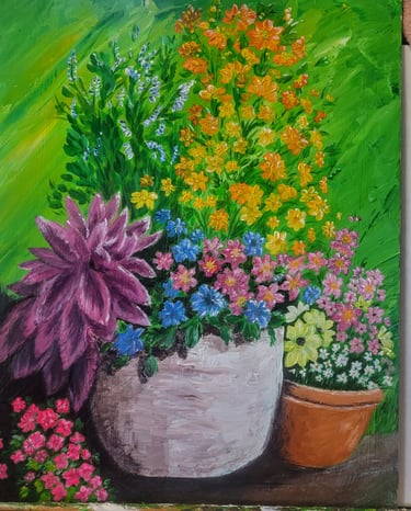 a collection of flowers in flower pots in acrylic