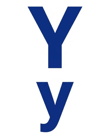 Uppercase and lowercase letter Y in a bold blue sans-serif font on a white background.