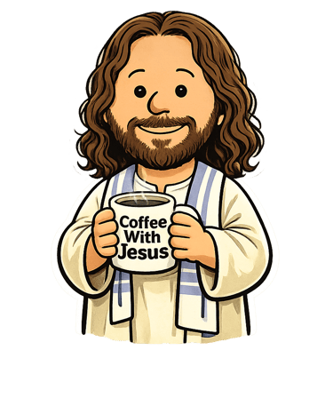 A cartoon of Jesus holding a “Coffee With