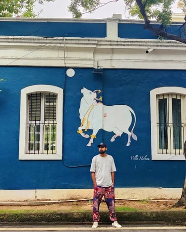 Colorful colonial houses in Pondicherry White Town.