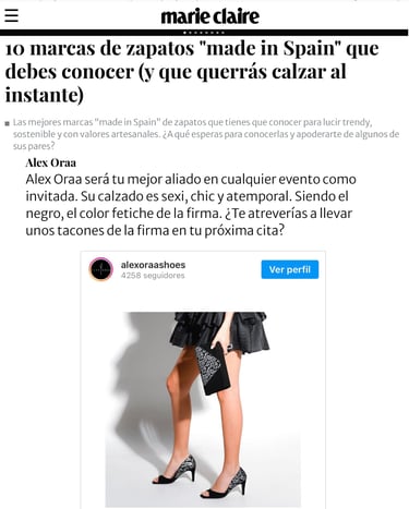 Alex Oráa en artículo "10 marcas de zapatos Made in Spain que debes conocer" en Marie Claire