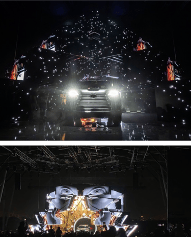 A car launch event featuring dynamic lighting, digital visuals, and an intricate stage design with a