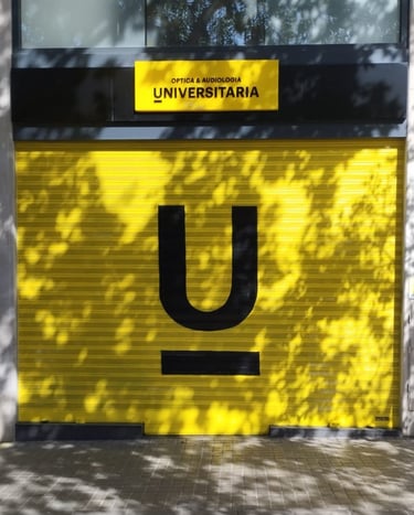 Graffiti en persiana, cierre metálico de Óptica Universitaria, Barcelona