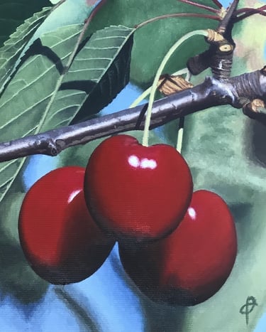 Tableau peinture à l'huile - Trois cerises