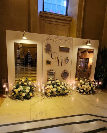 a gold accent wedding seating chart with candles 