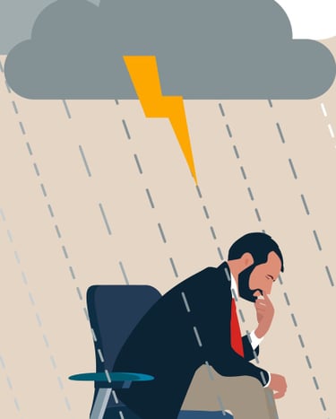 a man in a suit sitting in a chair in heavy rain and thunder