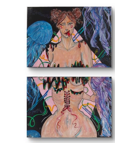 two paintings of a woman with jellyfish, acrylic painting