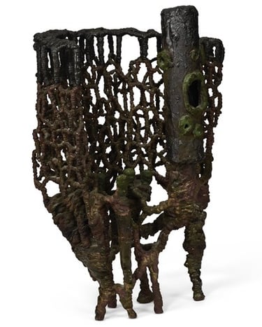 Metal sculpture titled Shaman, 1966, by Ibram Lassaw. Sculpture shown before cleaning.