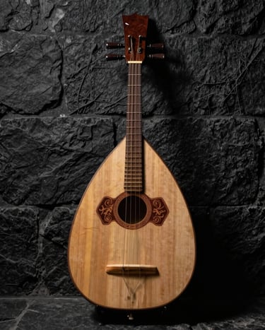 A cinematic high-contrast photograph of a traditional Moroccan Oud resting against a dark textured stone wall, with a single soft golden light highlighting the wooden grain.