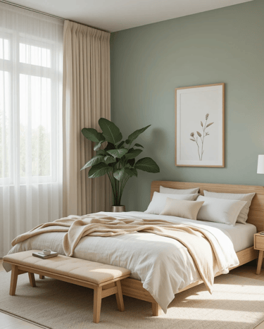 Dormitorio moderno y acogedor con pared en verde salvia, cama de madera natural, ropa de cama blanca