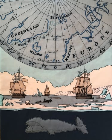 Embroidery of sailing ships in Arctic ice with a map of the Arctic and a whale below. By C. Hack