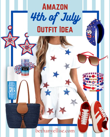 Amazon 4th of July outfit idea featuring a star print set, red sneakers, patriotic accessories, and a straw bag.