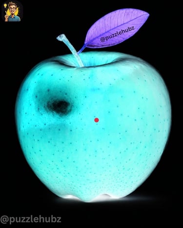 Negative afterimage optical illusion of a cyan Apple with a purple leaf. Stare at the dot to see the