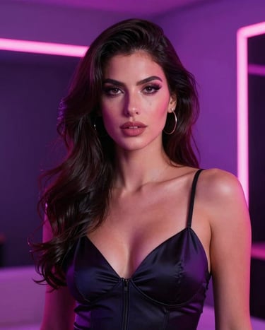 A premium high-definition video cover preview of a glamorous model in an elite studio setting. Seductive atmosphere with neon pink and electric violet lighting. Elegant, sophisticated adult entertainment vibe, Latin American / Global context, cinematic color grading.